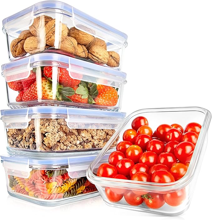 NutriChef 10 Piece Glass Food Storage Containers with Lids – 30 oz Meal Prep Containers Reusable – Airtight Glass Lunch Containers for Food Storage – Freezer to Oven Safe - Blue