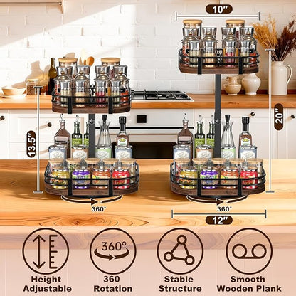 12" Large Lazy Susan Turntable Organizer Adjustable - Rotating Spice Rack for Table Top, 2 Tier Wood Spice Cabinet Organizer for Pantry Kitchen Countertop Coffee Bar Cupboard Bathroom Vanity Storage