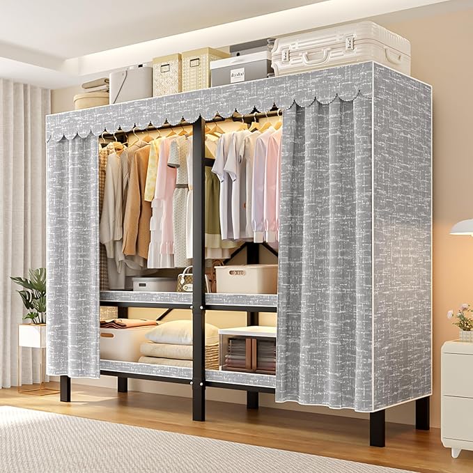 FPIGSHS 66.1in Heavy Duty Clothes Rack with Cover Foldable Covered Clothes Rack for Hanging Clothes portable Wardrobe Closet System Freestanding Coat Storage Garment Racks for bedroom (grey, 66.1in)