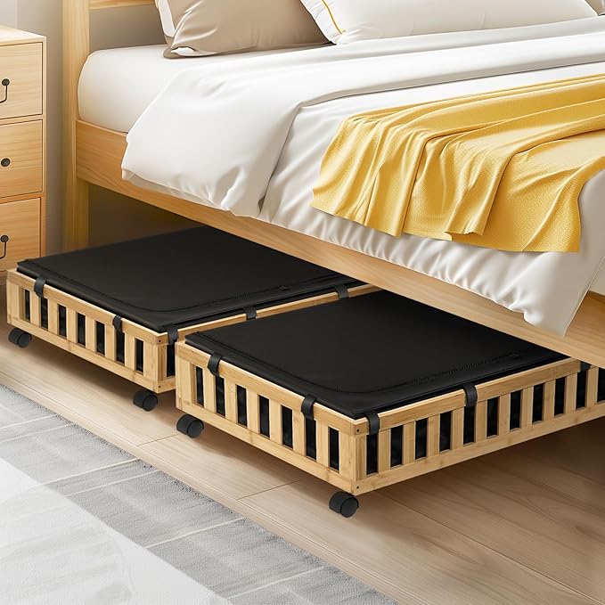 Gashell 2 Pack Bamboo Under Bed Storage with Wheels, 39”x20”x7.8” Lager Under Bed Storage Containers (Natural)