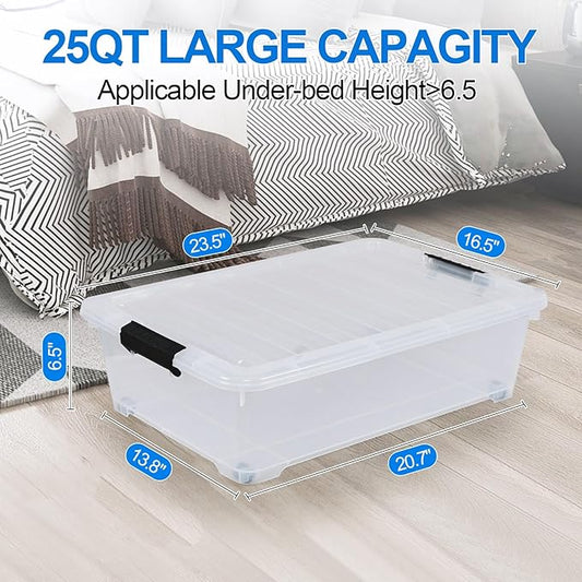 Xyskin 4-Pack Wheeled Underbed Organizer Bins with Latching Lids, 25 Qt Plastic Under Bed Storage Organizer Bin Container, Clear