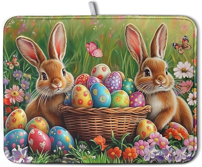 Wnoesat Easter Bunny Eggs Dish Drying Mat for Kitchen Counter 18x24 Inch Spring Easter Rabbit Flowers Large Drying Mat Microfiber Dish Drainer Rack Mats Absorbent Reversible Dishes Pad Dish Dryer Mat