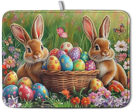 Wnoesat Easter Bunny Eggs Dish Drying Mat for Kitchen Counter 18x24 Inch Spring Easter Rabbit Flowers Large Drying Mat Microfiber Dish Drainer Rack Mats Absorbent Reversible Dishes Pad Dish Dryer Mat