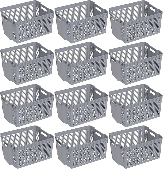 12-Pack Large Plastic Weave Storage Baskets, Stacking Rectangle Storage Basket Bin for Pantries, Kitchens, Cabinets, Bedrooms, Grey
