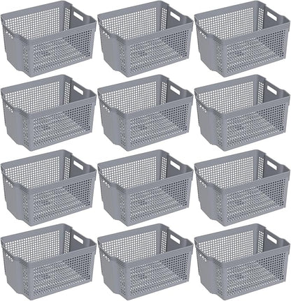 12-Pack Large Plastic Weave Storage Baskets, Stacking Rectangle Storage Basket Bin for Pantries, Kitchens, Cabinets, Bedrooms, Grey