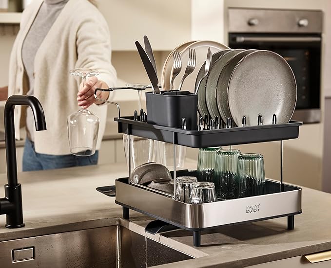 Joseph Joseph Dish Drying Rack with Wine Glass Holder - Space-Saving 2-Tier Design with Fast Draining System
