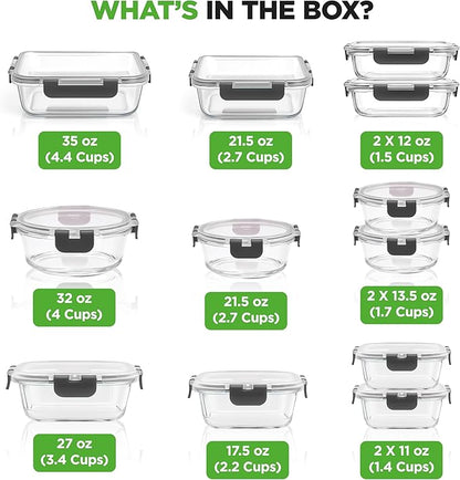 Superior Glass Food Storage Containers - 24-Piece Stackable Glass Meal-prep Containers w/Newly Innovated Hinged BPA-Free 100% Leakproof Locking Lids - Freezer-to-Oven-Safe - NutriChef NCGLGY (Gray)