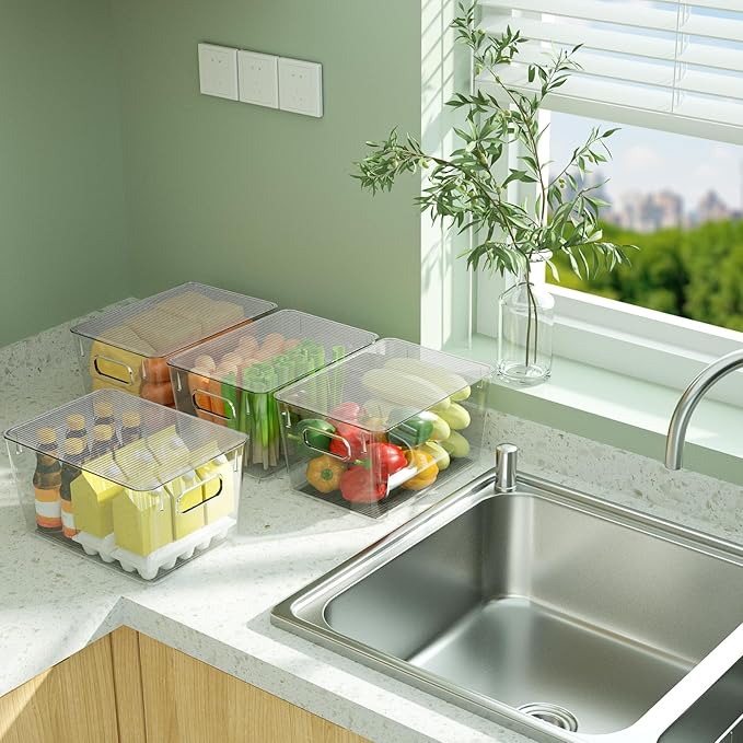 BALEINE Clear Stackable Storage Bins with Lids, Plastic Containers with Handle for Pantry Organizers and Storage, Plastic Bins for Fridge, Kitchen, Bathroom, Cabinet (10x6x5, 4PK)