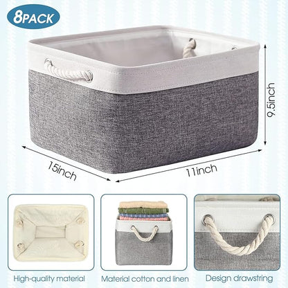 meekoo 8 Pack Collapsible Storage Bins Fabric Storage Bins Polyester Fabric Baskets with Handles Linen Closet Organizer for Shelf Home Closet Towels Toys(15 x 11 x 9.5 in,Gray White)