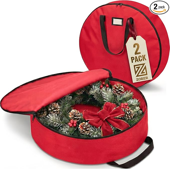 ZOBER 2 Pack Oxford Christmas Wreath Storage Container 48 Inch - Wreath Bag for Artificial Wreaths Box - Waterproof Fabric, Dual Zippered Wreaths Storage Bag With Strong Durable Handles - Red