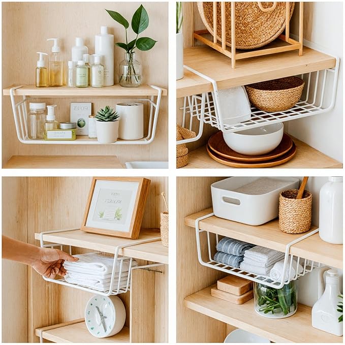 4-Pack White Under Cabinet Storage Baskets – Hanging Shelf Organizers for Kitchen, Pantry, Desk & Bookshelf – No-Tool Installation, Space-Saving Design