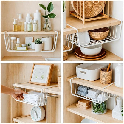 4-Pack White Under Cabinet Storage Baskets – Hanging Shelf Organizers for Kitchen, Pantry, Desk & Bookshelf – No-Tool Installation, Space-Saving Design