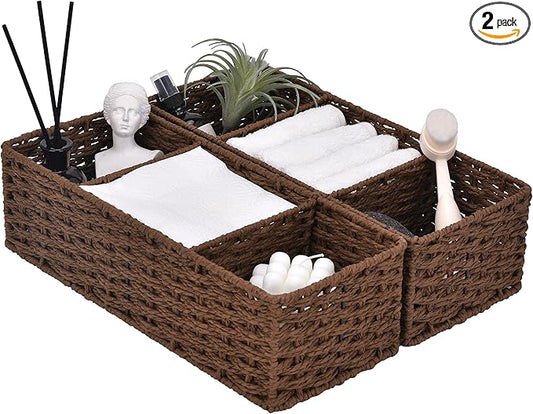 StorageWorks 3-Section Wicker Baskets for Shelves, Hand-Woven Round Paper Rope Storage Baskets, Walnut, 2-Pack