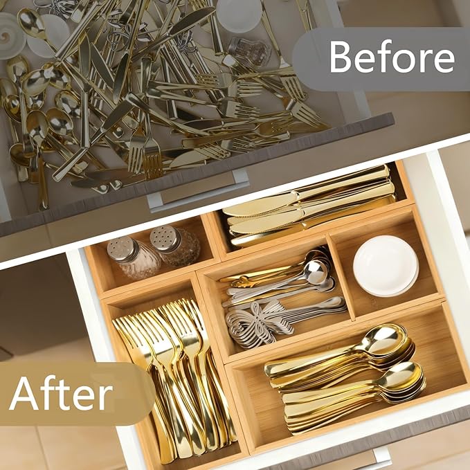 5 PCS Bamboo Drawer Organizer, Multi-Use Wooden Drawer Organizer, Junk Drawer Organizer Kitchen for Bathroom, Makeup Desk, Office Desk, Jewelry, Utensils, Tea Drawer