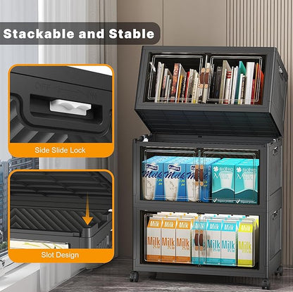 Extra Large Stackable Storage Bins with Lids & Wheels & Door,Foldable Collapsible Closet Organizers, Plastic containers drawers for bedroom Dorm (Dark-55qt, 6Pack with 2 top lids)