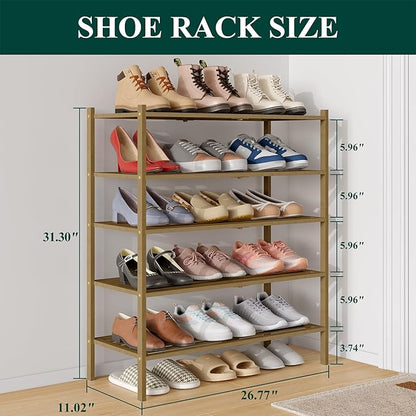 Smiry Bamboo Shoe Rack 5-Tier, Stackable Wooden Shoe Organizer for Entryway & Closet, Free Standing Wood Shoe Storage Shelf for Front Door & Small Spaces, Walnut