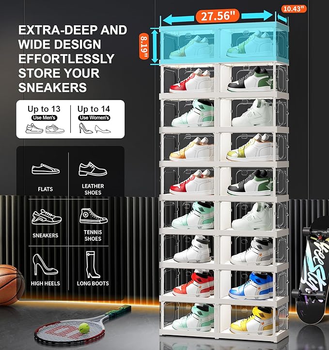 CIMLORD 9-Tier 18-Pairs Foldable Shoe Rack with Magnetic Doors,4-Sided Clear Design,Taller Storage for High Shoes & Sneakers,Stackable Shoe Storage Cabinet Space-Saving Organizer for Closet,Cloakroom