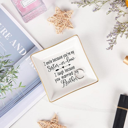 Spegiffu Sister in Law Gifts Ring Dish- I Smiled Because You're My Sister in Law Jewelry Dish Tray Trinket Dish, Birthday Gifts for Sister in Law Wedding Christmas Valentines Mother's Day Gift, White