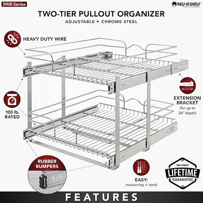 Rev-A-Shelf 2 Tier Kitchen Cabinet Pullout Shelf and Drawer Organizer Slide Out Pantry Storage Basket in Multiple Sizes, 21 x 22 In, 5WB2-2122CR-1