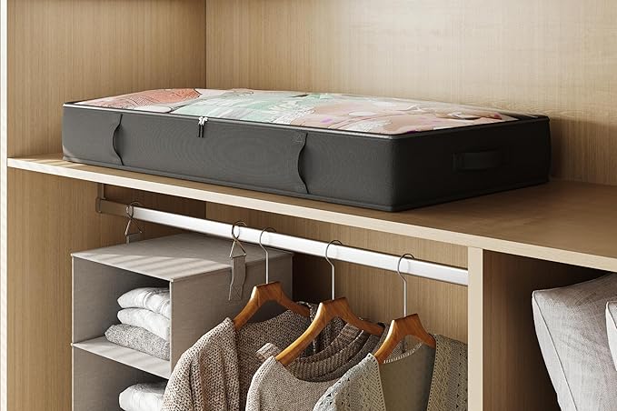 TidyCorner 2-Pack Under Bed Storage, 6 Inches Tall Closet Organizers and Storage Bins with Sturdy Sidewalls/Bottom/4 Handles, Black
