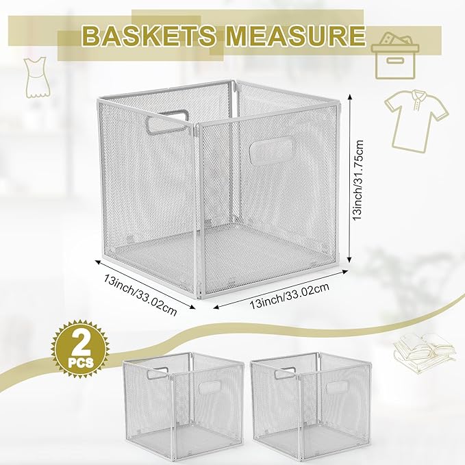 2 Pcs Foldable Metal Cube Storage Baskets 13x13 Kitchen Wire Baskets Stackable Mesh Laundry Organizer Bin with Handles for Shelves Kitchen Pantry Cabinets Closet Food (Gray)