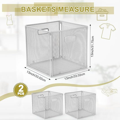 2 Pcs Foldable Metal Cube Storage Baskets 13x13 Kitchen Wire Baskets Stackable Mesh Laundry Organizer Bin with Handles for Shelves Kitchen Pantry Cabinets Closet Food (Gray)