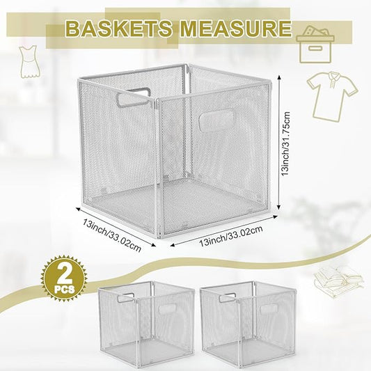 2 Pcs Foldable Metal Cube Storage Baskets 13x13 Kitchen Wire Baskets Stackable Mesh Laundry Organizer Bin with Handles for Shelves Kitchen Pantry Cabinets Closet Food (Gray)