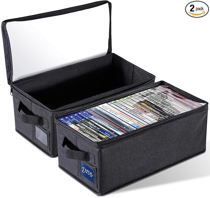 CCidea DVD Storage Box with Clear Window - 15.75" Foldable Media Organizer, Premium Zipper Closure, Holds 27+ DVDs, Dustproof Non-woven Fabric, Reinforced Handles & Label Slot (Black) (2)