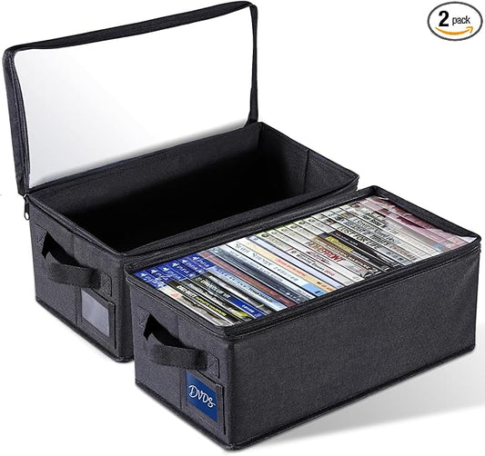 CCidea DVD Storage Box with Clear Window - 15.75" Foldable Media Organizer, Premium Zipper Closure, Holds 27+ DVDs, Dustproof Non-woven Fabric, Reinforced Handles & Label Slot (Black) (2)