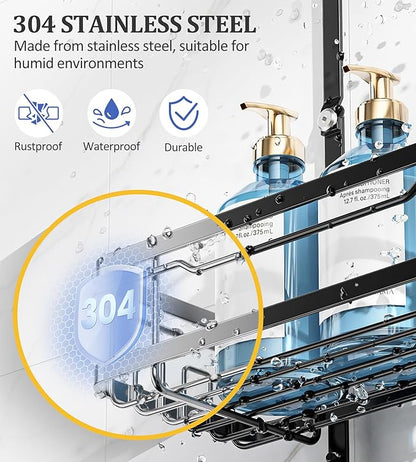 OMAIRA Shower Caddy Hanging with Soap Scrub Holder, Stainless Steel Adjustable No Drilling Non-Slip Large Capacity Sturdy Over Shower Head Shower Organizer Inside Shelves Bathroom Storage Rack, Black