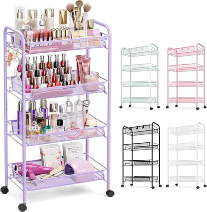 TOOLF 4-Tier Rolling Cart, Metal Utility Cart with 3 Hooks, Easy Assemble Mobile Storage Trolley On Wheels, Metal Shelving Units Kitchen Bathroom Laundry Room