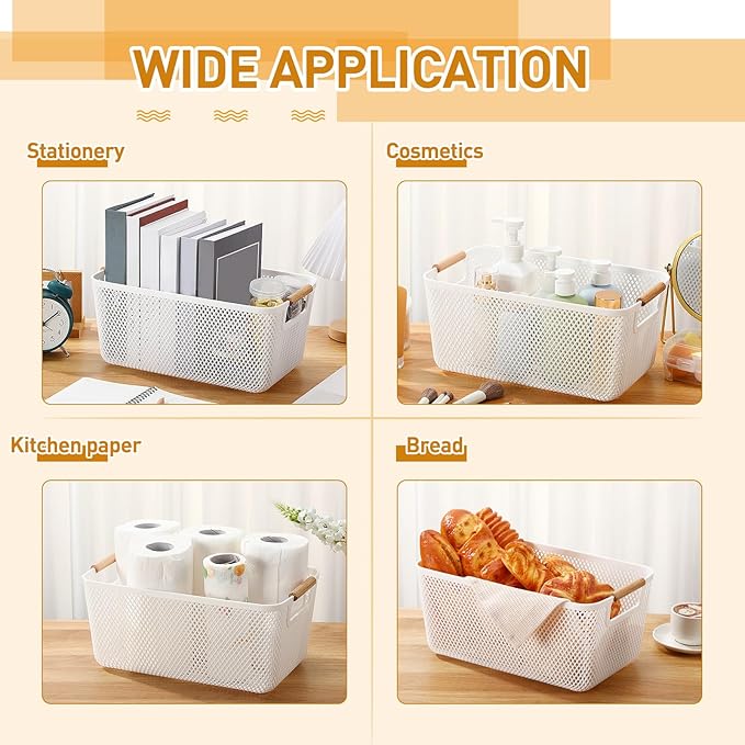 Tioncy 4 Pcs White Mesh Baskets with Wooden Handles Plastic Storage Organizer Baskets Pantry Basket Fruit Vegetables Gathering Basket Bin for Organizing Cabinet Closet Bedroom Kitchen(Large)