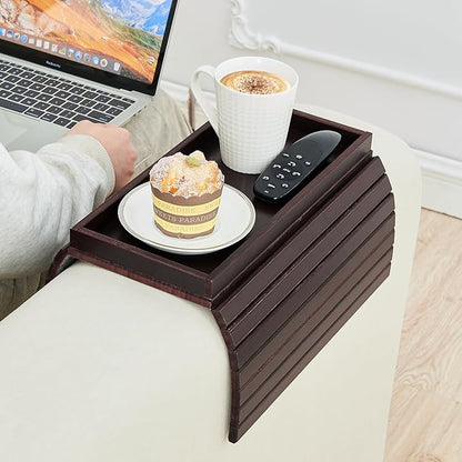 GEHE Bamboo Sofa Arm Tray, Foldable Couch Arm Tray Side Table, Anti-Falling Armrest Tables Cup Holder for Snacks, Drinks, Beers, Phone, Control, Flexible and Portable, Anti-Slip