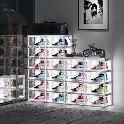 BROVIEW Led Shoe Boxes, Shoe Display Case with Lights, Large Clear Plastic Foldable Shoe Storage Box, Voice Activated Led Shoe Organizer Sneaker Case, Collection Crate, 1 Row 4 Tier White