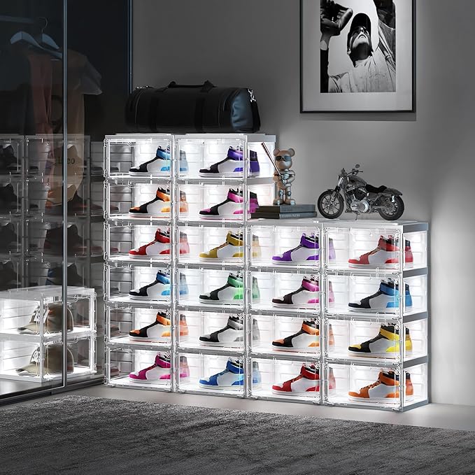 BROVIEW Led Shoe Boxes, Shoe Display Case with Lights, Large Clear Plastic Foldable Shoe Storage Box, Voice Activated Led Shoe Organizer Sneaker Case, Collection Crate, 1 Row 6 Tier White