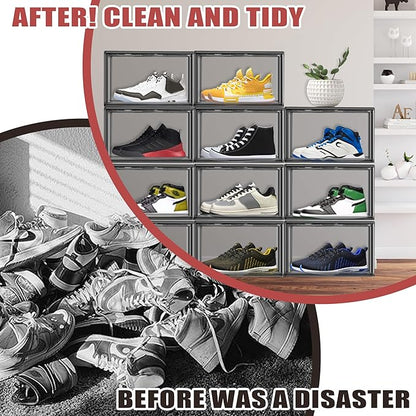 EDS FAM 10 Pack Large Clear Shoe Box Shoe Storage Organizer with Magnetic Door Stackable Shoe Containers for Sneakers, High Heels, Sport Shoes, Size 13