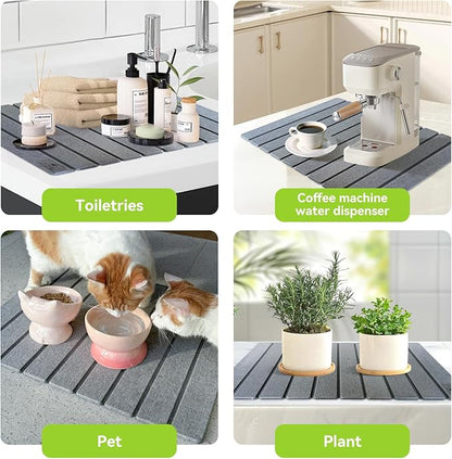 Large Stone Dish Drying Mats for Kitchen Counter - 24"(L)×16"(W) Quick Dry Collapsible Dish Drying Mat for Dishes Bottles Cups, Eco-friendly Diatomaceous Earth Absorbent Mat for Any Countertop Gray