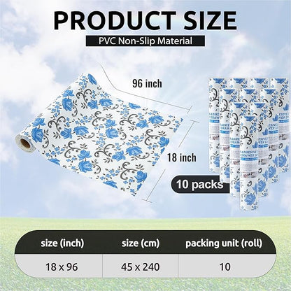 FIFTY FEET 18X96 Inch Shelf Liner for Kitchen Cabinets, PVC Drawer Liner for Dresser Non-Slip Bathroom, Non-Adhesive Cabinet Liner Washable (Blue Floral)(10 Roll)