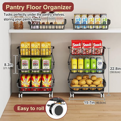 Miyawell 3-Tier Rolling Pantry Cart with Wheels, Stackable Wire Storage Floor Organizer for Kitchen Pantry Snack Shelves, Fruit Basket Stand, Vegetable Storage Rack for Food Snacks Onion Potato