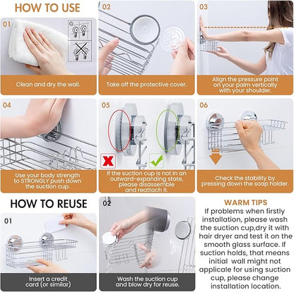 LEVERLOC Shower Caddy Suction Cup, Shower Organizer Removable Bathroom Shelf, Storage Suction Powerful Max Hold 22lbs Bathroom Caddy Waterproof Holder, Silver