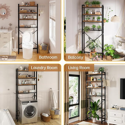Insdiy Over-The-Toilet Storage Rack, 4 Tier Bathroom Shelf Organizer Over Toilet with Adjustable Shelves, Basket, Hooks, Paper Holder, Quick Interlock Install & Water-Resistant Shelves (Vintage Brown)