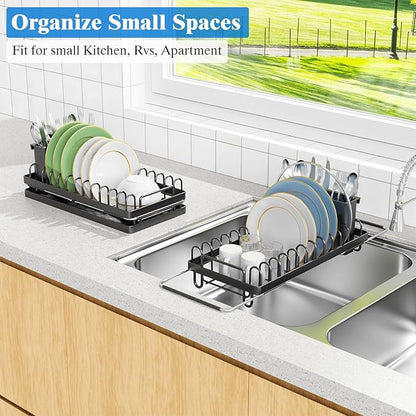 CHLORYARD Small Dish Drying Rack Over The Sink, Compact Dish Rack with Silicone Mat for Kitchen Counter, Expandable Dish Drainers Drying Rack Used in Sink & on Countertop, Black