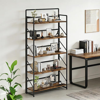 JSB Folding Bookshelf,Industrial Storage Shelves, No Assembly Vintage Wood Look Bookshelf with Storage Shelves for Living Room, Bedroom, Office (Fire Brown, Wide 5-Tier)
