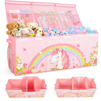 Unicorn Castle Toy Box with Adjustable Divider Toy Chest Storage Large Toy Storage Organizer Bin Collapsible with Lid Pockets for Nursery Playroom,Pink Unicorn