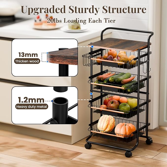 5-Tier Kitchen Organizer and Storage Cart, with Pull-Out Baskets and Wood Top, Rolling Pantry Kitchen Cart, for Fruit Potato Onion Vegetable Snack Produce, Black