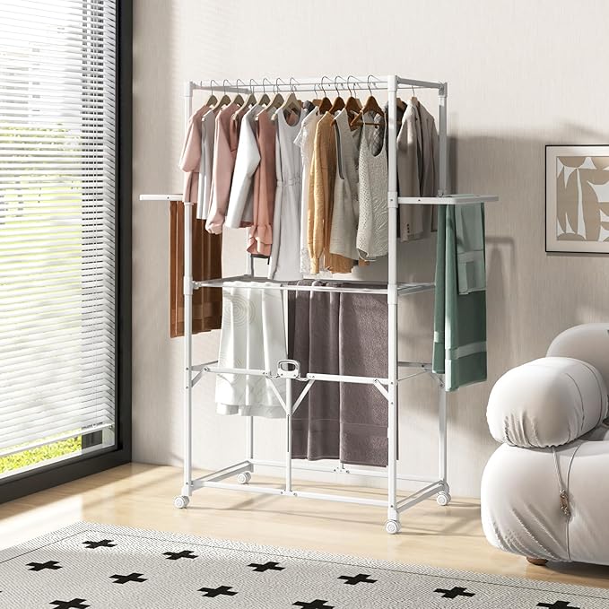 Tangkula Foldable Clothes Drying Rack, 68.5" Aluminum Laundry Rack with Hanging Rods & Drying Shelves, Universal Wheels with Brakes, Indoor Outdoor Garment Rack for Household Use (White)