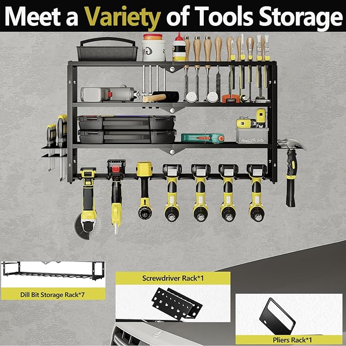 AZERPIAN Tool Organizer Heavy Duty Power Wall Mount for Drill and Cordless Tools Heavy Duty Rack for Garage Organization Workshop Pegboard (3 Layers 7 Slots)