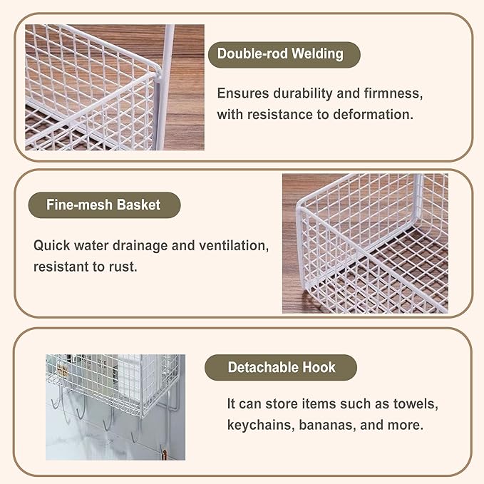 2 Pack Hanging Wall Wire Baskets,Metal Wire Storage Bin Rack for Kitchen Bathroom Shower Spice Shelf (White)