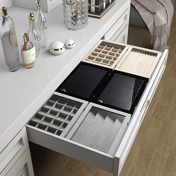 Frebeauty Rings/Earrings Organizer Tray with Clear Lid 10 Slots Velvet Drawer Insert Jewelry Storage box with Glass lid Jewelry Display Case Showcase Gift for Girls Women (Grey, 10 Slots)