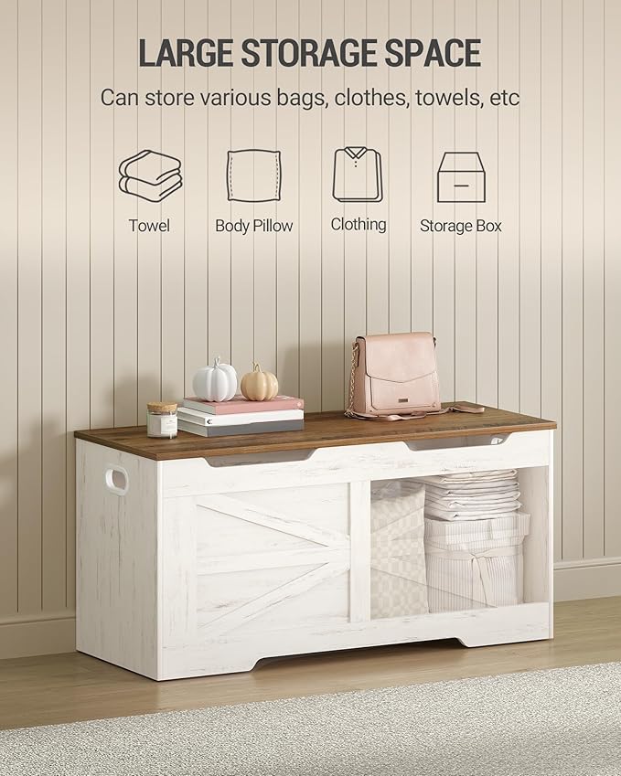 39.4" Storage Chest, Extra Large Storage Trunk with 2 Hinges, Wooden Box Bench, Lift-Top Organizer Chest, Shoe Bench for Entryway, Bedroom, Living Room, White and Brown SB03414X